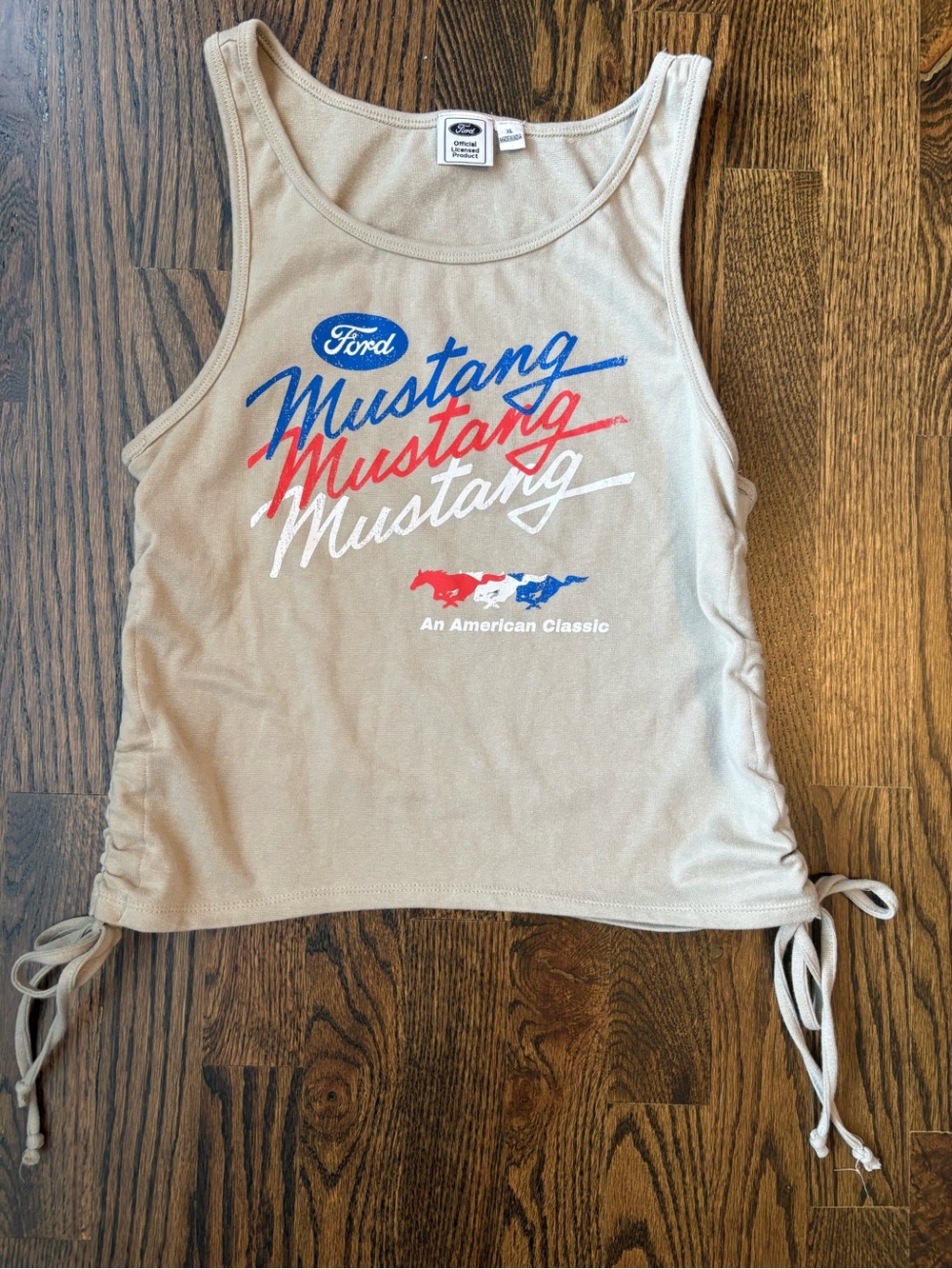 Ford Mustang Cropped Graphic Tank Top Logo Pony Ties Adjustable Muscle Car XL